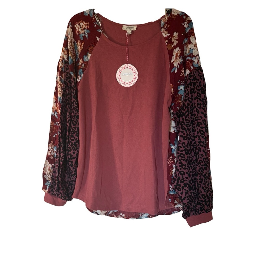 Umgee•Burgundy Raglan Top-Floral & Leopard Sleeves